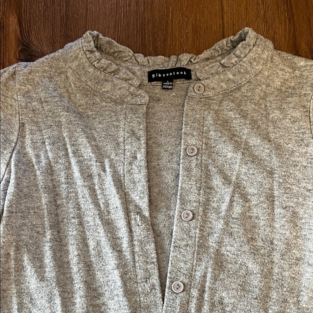 Heather Gray Ruffle Neck Button Cardigan - Picture 3 of 5